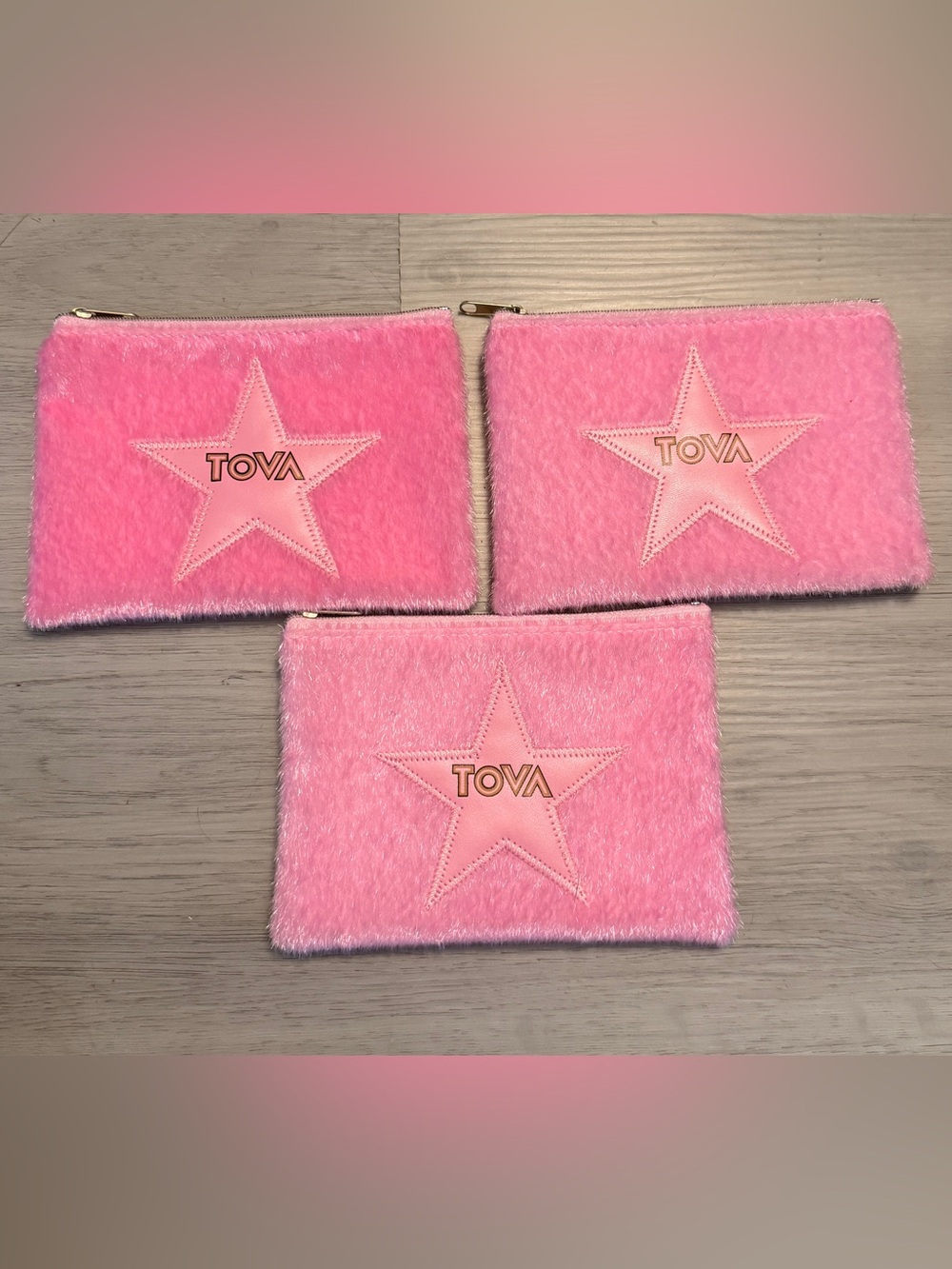 Lot Of 3-TOVA SALON De Bijax Small Pink Fuzz MakeUp Pouches Bags NEW 6 1/8” Long